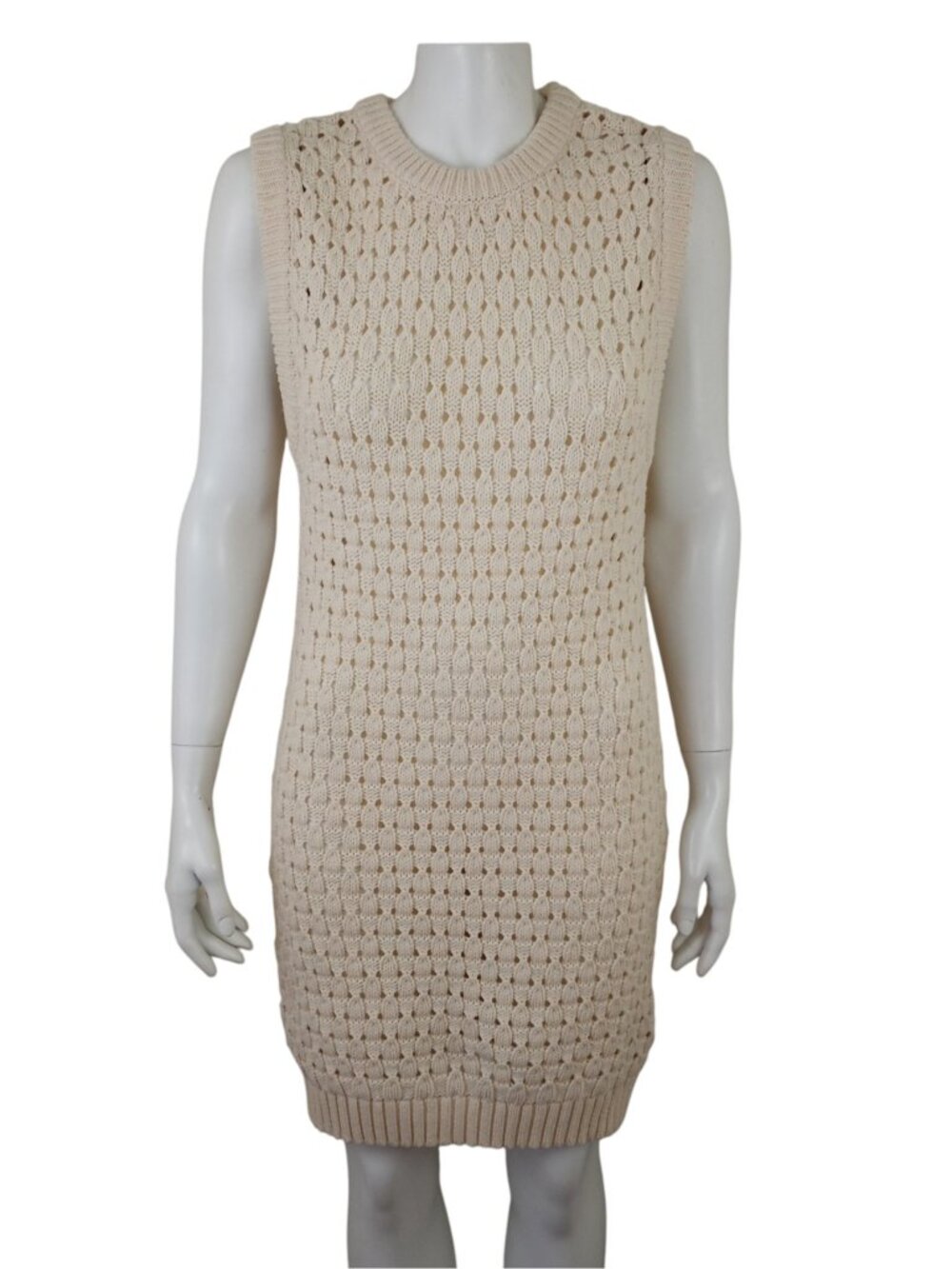 NWT ZARA Beige Cream Crochet Knit Mini Sweater Dress Womens L Sleeveless